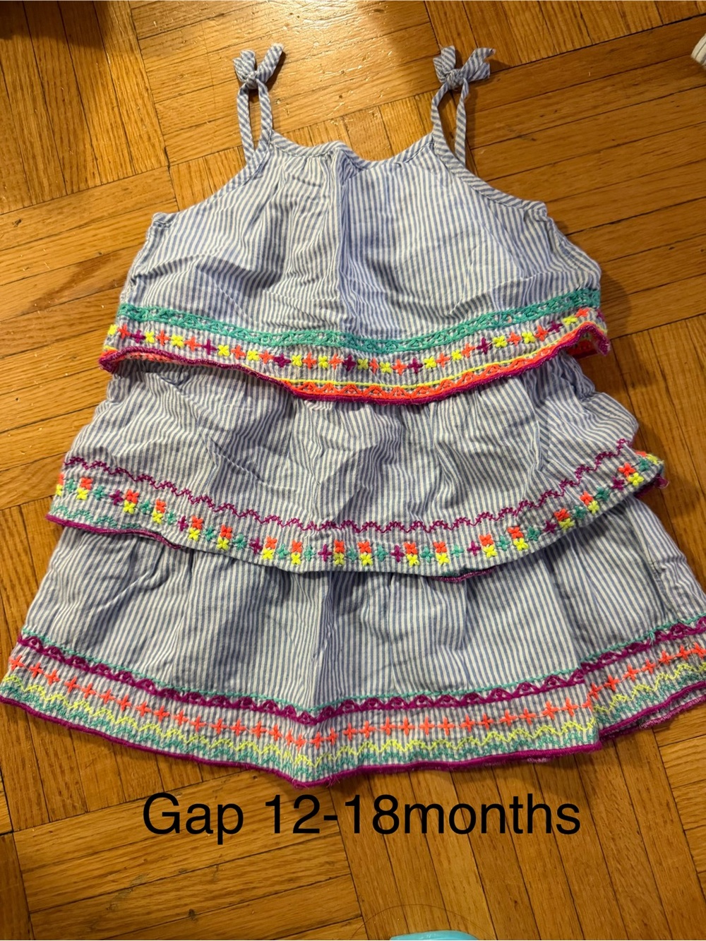 GAP Blue and White Striped Ruffled Dress with Multicolor Trim